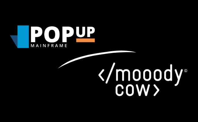 The PopUp Mainframe logo and Mooody Cow logo together on a black background