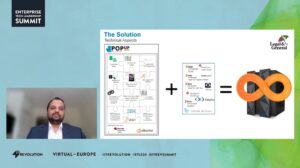 Vamsi in a small box on the left presenting, slides shown on the right. The slide shows detail of what is included in a PopUp Mainframe, a plus sign, list of BMC software included, then an equals sign, and finally a z14 mainframe with a DevOps infinite loop overlaid. This signifies 